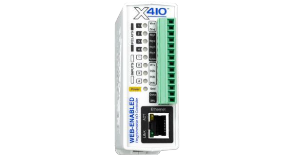 A web-enabled X410 control module with labeled input/output terminals, indicator lights, and an Ethernet port.