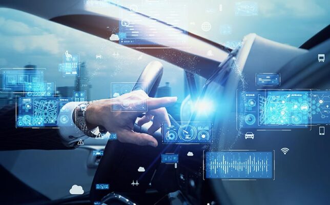 A person engages with a high-tech digital interface on a car dashboard, where 5G connectivity enhances the vivid blue icons and data displays, seamlessly integrating IoT features for a smarter driving experience.