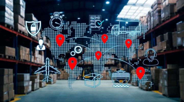 Warehouse interior with a digital overlay showcasing a world map, shipping icons and location markers, illustrating global logistics and supply chain concepts enhanced by 5G connectivity and IoT integration.