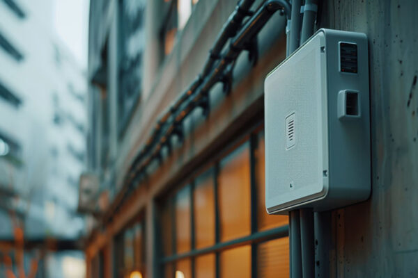 A white utility box with vents and wires holds a femtocell on a building’s exterior wall. Windows and pipes are visible in the background.