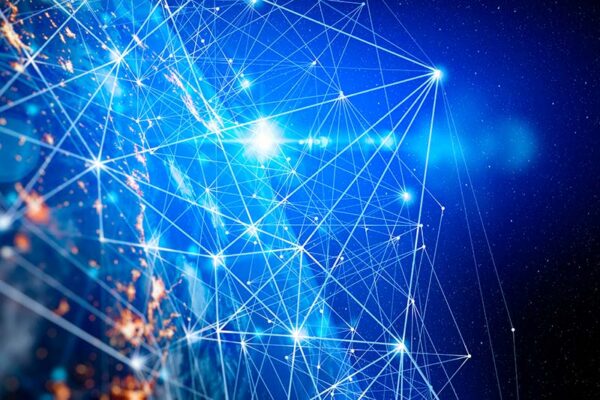 Digital illustration of Earth with glowing lines and points connecting across the globe, representing 5G.