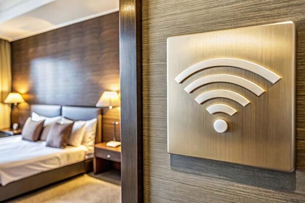 A hotel room with a bed and lamps in the background has a large Wi-Fi symbol on a wall plaque in the foreground. This represents the use of small cell microcells.