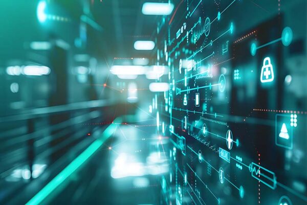 A digital interface shows icons and data overlays in a blurred indoor space. It represents the use of small cell picocells.