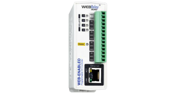 A web-enabled relay module with eight green terminal connectors, status LEDs, and an Ethernet port on the front panel.
