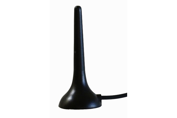 A small black external antenna with a rounded base and a thin, tapered vertical design, connected to a cable.