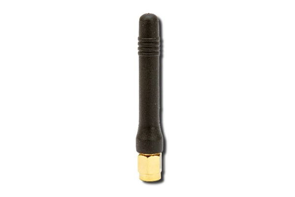 A small black antenna with a gold connector, shown vertically against a white background.
