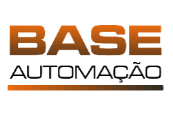 Logo with the words "BASE AUTOMAÇÃO" in bold orange and black letters, with a horizontal gradient line beneath the text.