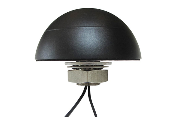 Black dome-shaped GPS antenna with a metal mounting base and two attached cables, shown against a plain white background.