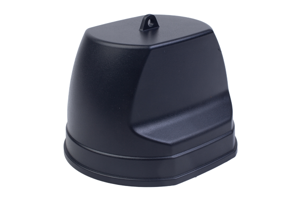 A black plastic dome-shaped security camera housing with an angular design and a mounting tab on top, shown against a plain white background.