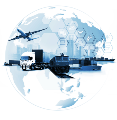 A globe overlaid with various forms of transportation used in IoT supply chains and icons for connectivity.