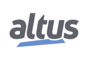 Logo featuring the word "altus" in gray and blue lowercase letters, designed in a minimalist font and highlighted with a blue underline.
