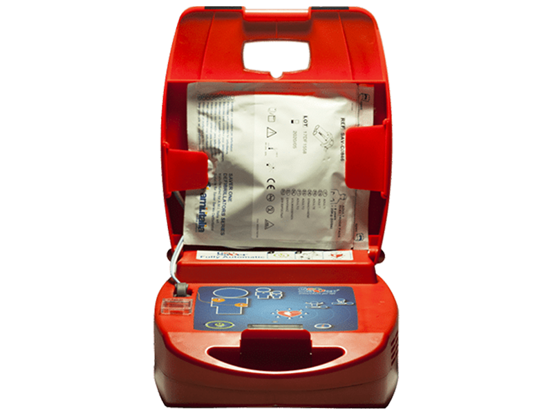 A red IoT smart health care machine with a bag inside.