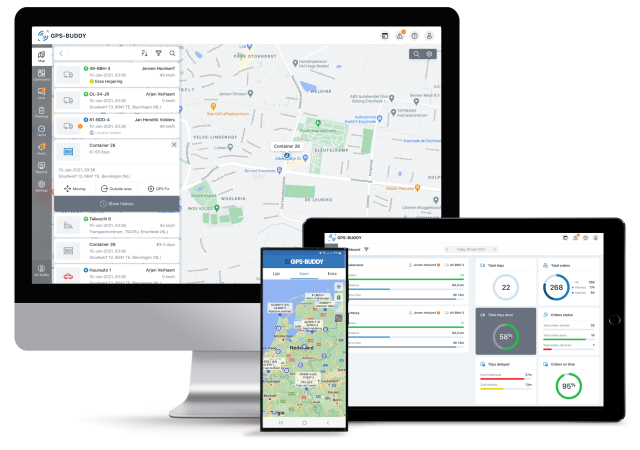 A monitor, tablet, and phone displaying a map of a city for GPS-Buddy fleet management.