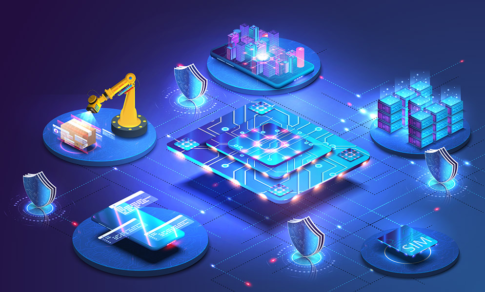 A SIM surrounded by graphic representations of IoT deployments that it enables.