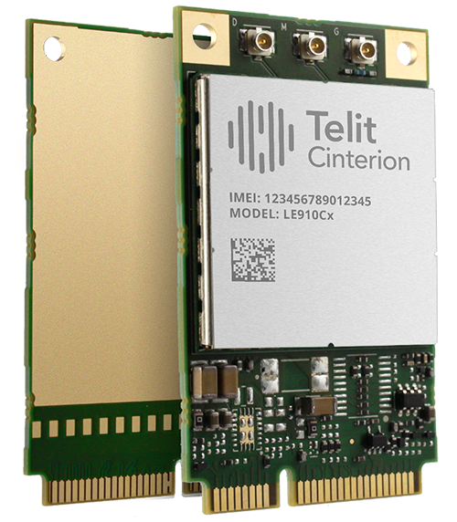 Two Telit Cinterion LE910Cx LTE modules showcase a QR code alongside details like model and IMEI number, complete with connectors and electronic components.