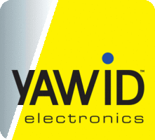 A yellow and blue logo for distributors of yawid electronics.