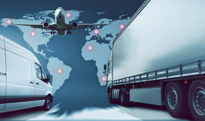 A truck and a plane in front of a world map, showcasing the importance of GPS-Buddy for fleet management.