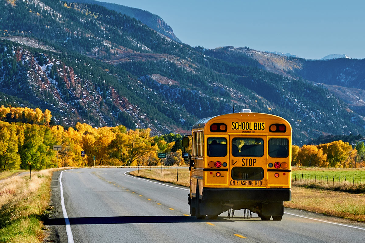 A yellow school bus drives down a road with mountains in the background.