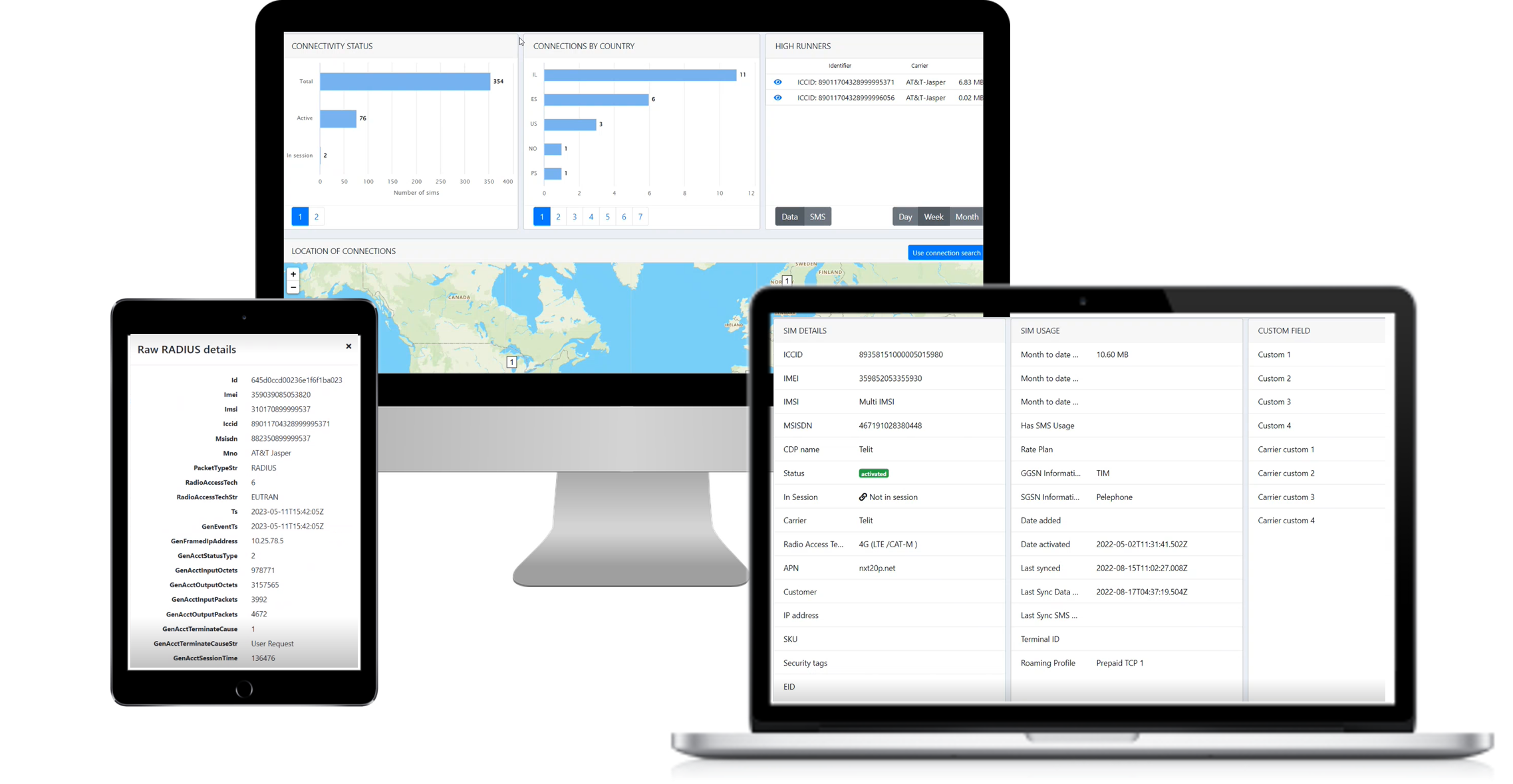 A laptop, tablet, and phone with a map on it, showcasing IoT connectivity solutions.