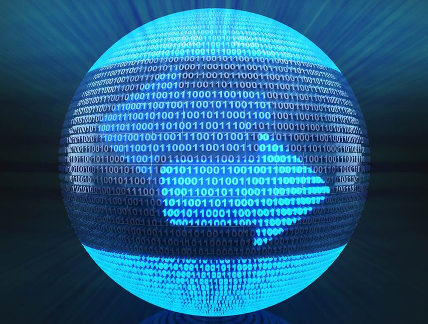Exchange icon on globe formed by binary code with lighted arrows pointing in opposite directions to represent HTTP's command-request operation and MQTT's publish-subscribe operation.