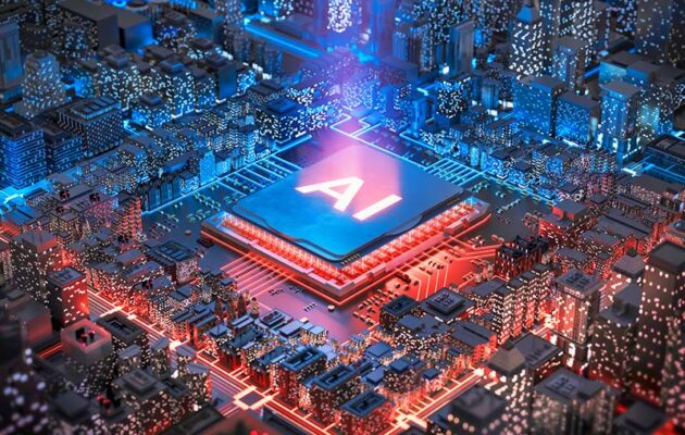 A glowing AI chip sits at the center of a stylized circuit board, surrounded by miniature buildings resembling a futuristic smart cityscape.