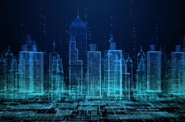 Digital illustration of a city skyline made up of binary code and glowing blue lines.