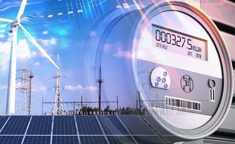 A digital smart meter overlays wind turbines, power lines and solar panels.