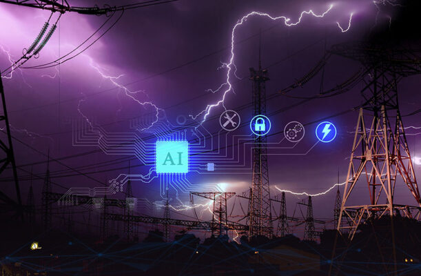 Electrical transmission towers with digital icons and a glowing AI microchip overlay set against a stormy sky with visible lightning strikes.