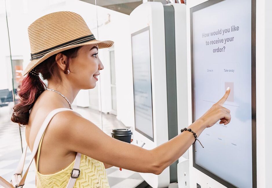 A person using a touch screen on a smart vending machine.