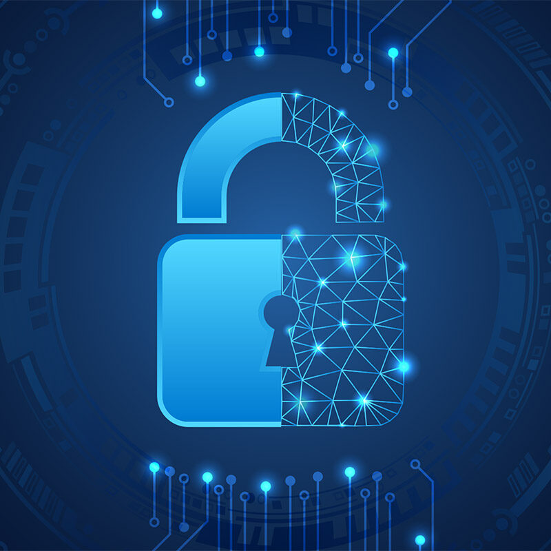 A digital padlock, with the left half solid and the right half made of geometric lines connected by dots.