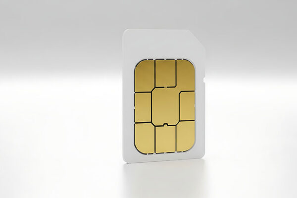 A close-up of a single SIM card with a gold contact chip, partially set in a white plastic frame, on a plain light background.