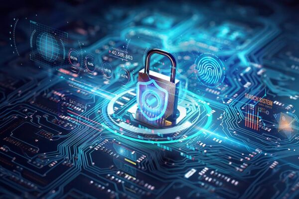 A digital padlock sits on a circuit board, surrounded by holographic biometric icons and data symbols, representing the security accreditation process.