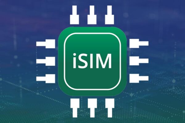 A graphic of a green microchip labeled "iSIM" on a digital blue and green background.