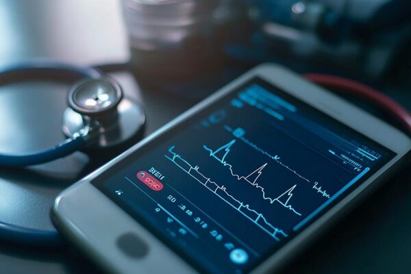 A smartphone displays a heart rate and ECG graph, with a stethoscope resting nearby on a table—showcasing the impact of critical IoT solutions in modern healthcare monitoring.