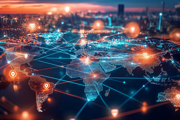 Digital map of the world overlaid with glowing lines and icons, representing global connectivity and data exchange powered by critical IoT solutions, with a cityscape in the background at dusk.