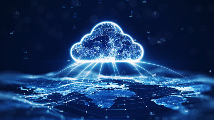 Graphic showing a large cloud hovering over a map of Earth and connecting to several locations.