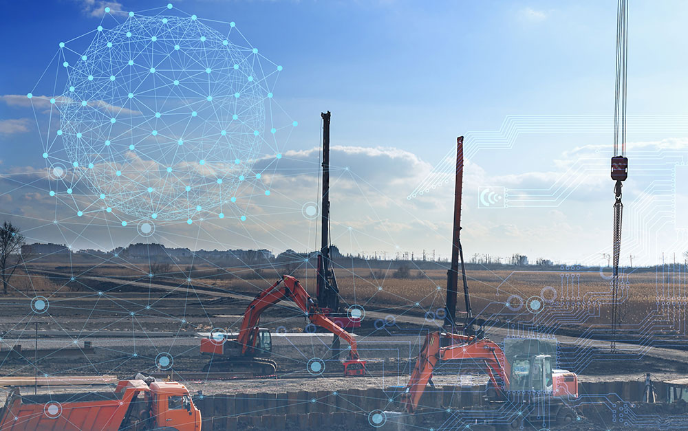 Machines on a construction site with geometric lines connected with dots representing connectivity.