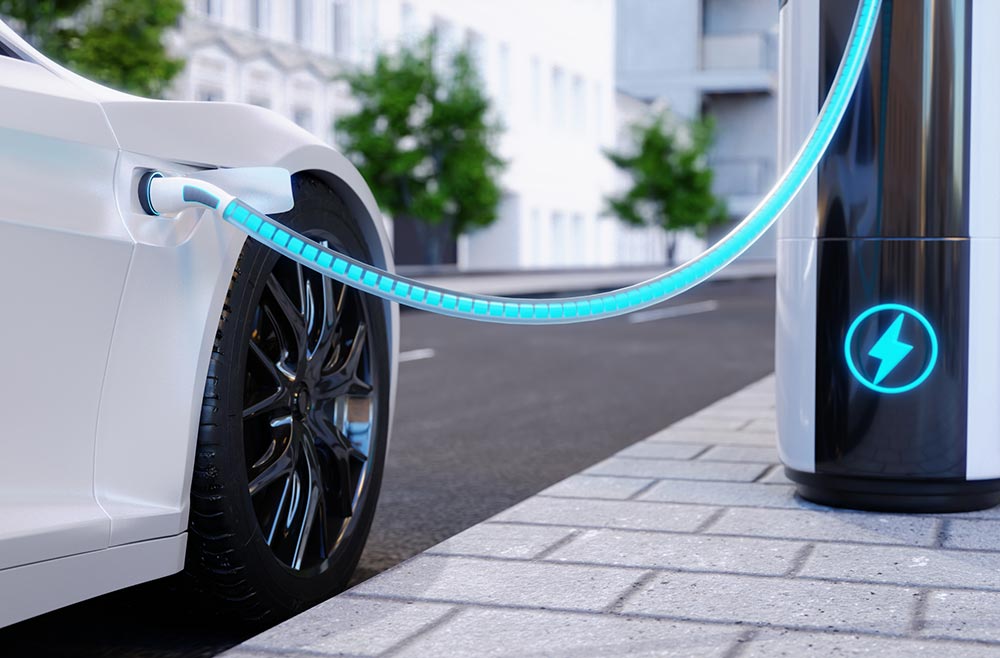 EV parked on the street connected to an EV charging station with blue energy going from the charge point to the vehicle.