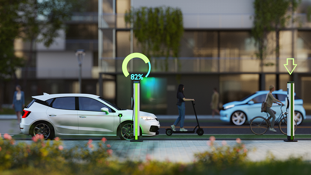 An EV is parked on the street by an EV charging point. The charge point shows that the vehicle is almost fully charged.