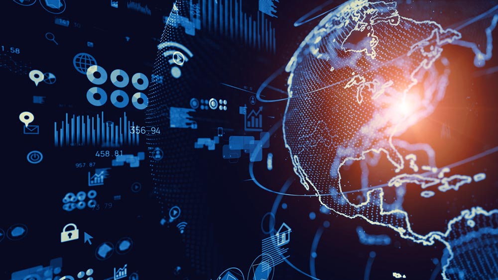A digital globe surrounded by analytical graphs