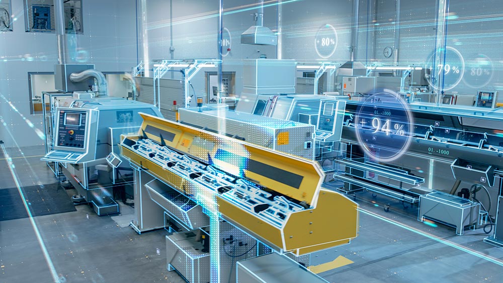 Factory digitalization with data showing the efficiency percentages of a high-tech modern electronics facility.