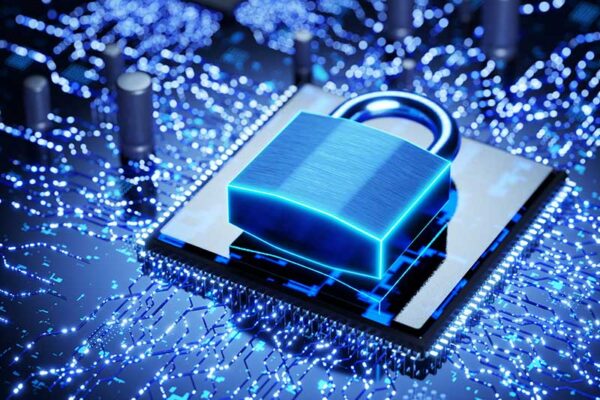 A metallic padlock sits on top of a computer chip, surrounded by glowing blue circuitry.