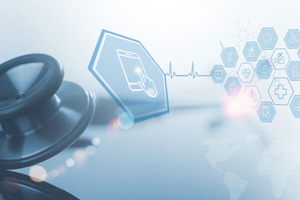 A stethoscope sits next to an icon of a hand touching a tablet. Digital medical icons illustrating health care technology overlay ECG waves in the background.