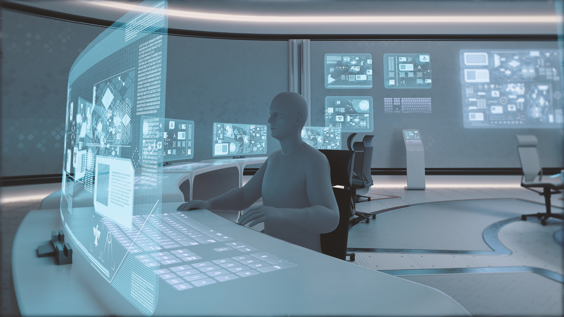 Modern, futuristic EV command center interior with people silhouettes