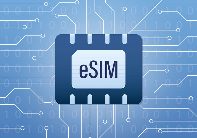 A blue eSIM graphic with a background of circuitry lines and ones and zeros.