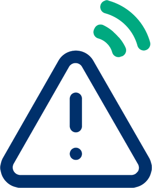 Alert icon with two green curved lines above it, symbolizing signals or communication.