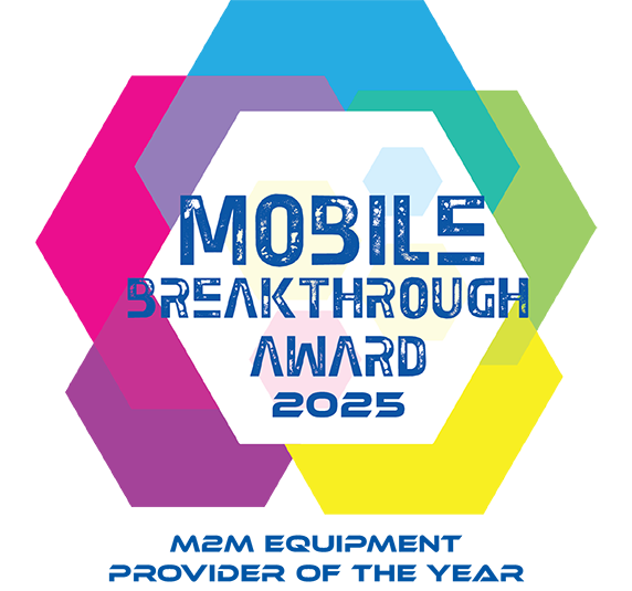 Hexagonal graphic with text: "Mobile Breakthrough Award 2025" and "M2M Equipment Provider of the Year" on a white background.