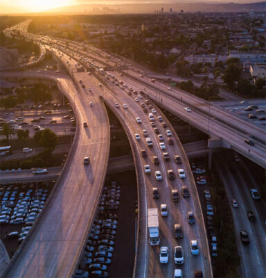 Heavy traffic at sunset.