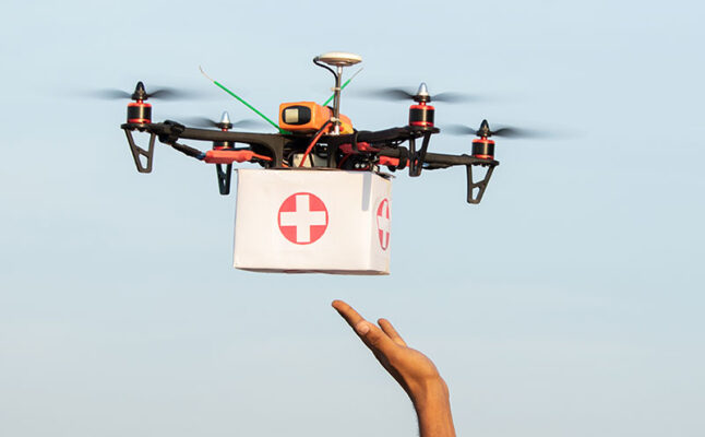 A drone delivers medical supplies.