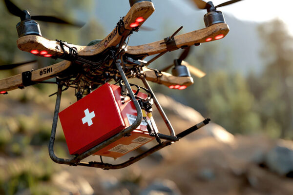 A medical drone carrying a red box with a white cross flies outdoors.